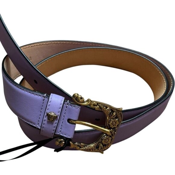 VERSACE Baroque Medusa Leather Belt Purple Gold Sz 95 / 38 Designer Luxury - Picture 3 of 11